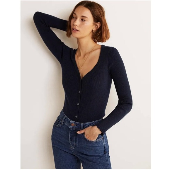 Boden Ribbed Sweetheart Cardigan Women's US 14 UK 18 Navy Blue KO687 Office NWT - Picture 1 of 13